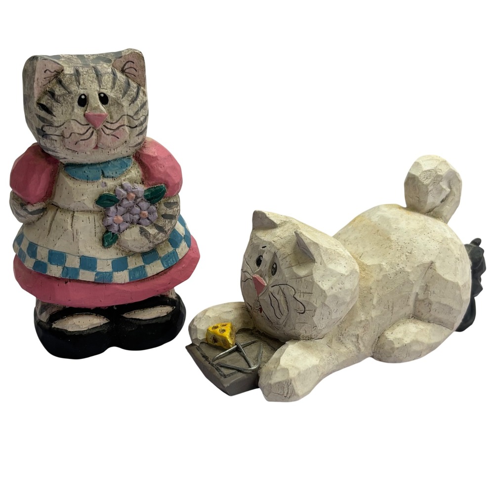 Midwest of Cannon Falls Cat Figurines Folk Art Wood Look Resin Set of 2